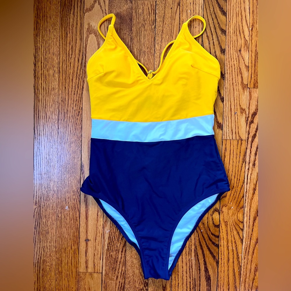 One piece Cupshe yellow, blue, and white color block swimsuit